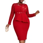 African Women Lace Patchwork Round Neck Long Sleeve Beaded Bodycon Church Dresses for Women 2025