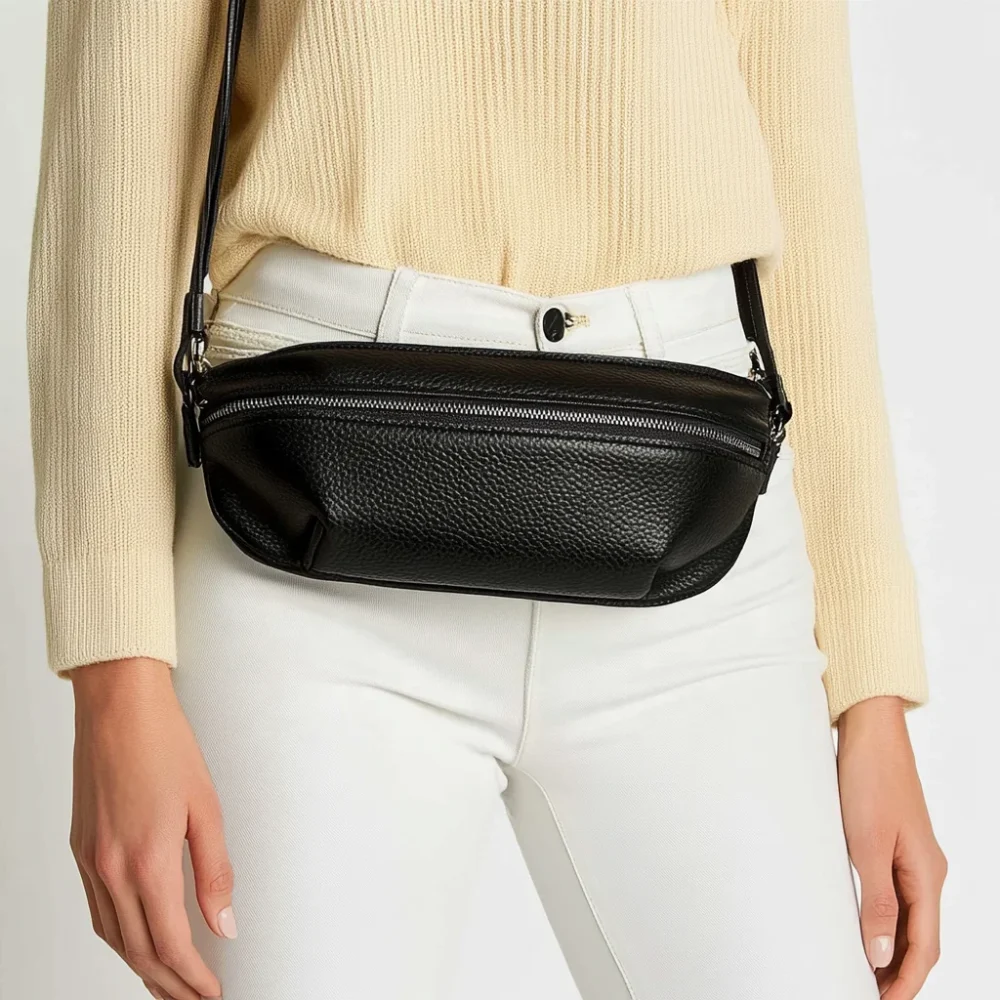 High Quality Black Pebble Vegan Leather Waist Bag Leather Chest Bag Durable Bum Bag for Men - Image 3