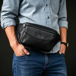 Premium Men's Chest Bag Soft Real Leather Bag Multi-functional Black Leather Waist Bag with Flap Pocket