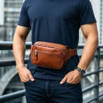 Portable Men's Leather Waist Bag Brown Real Leather Bags Durable Fanny Pack with Front Zipper Pocket