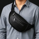 High End Pebbled Leather Bag Men's Real Leather Chest Bag Durable Waist Bag with 2 Zipper Pockets
