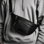 High Quality Real Leather Fanny Pack Black Waist Bag Versatile Men's Leather Waist Bag with Gun Color Zipper